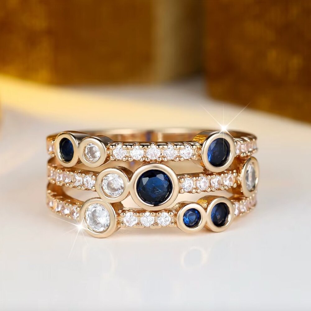 NEW 18k Yellow Gold Blue Sapphire Diamond Ring Band